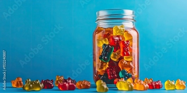 Fototapeta Colorful gummy bears in a jar against a blue background, with scattered vibrant marmalade adding a playful touch to the scene of gummy bears and delightful sweets on the table.