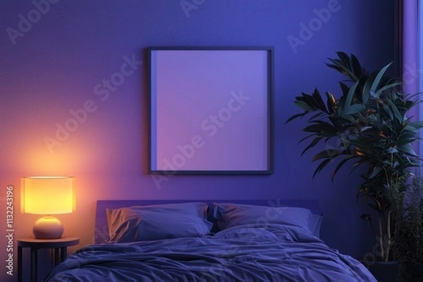 Fototapeta Blank picture frame on the wall in a bedroom setting, perfect for artwork or photo mockups.
