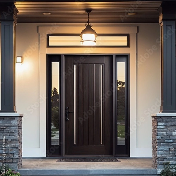 Fototapeta Mahogany front door with vertical inlays and soft lighting, paired with a modern exterior.