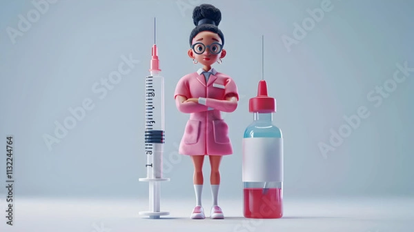 Fototapeta 3D Cartoon Doctor with Syringe and Vial