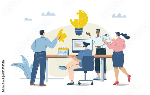 Fototapeta Business brainstorming, Business team meeting to brainstorm and holding light bulb puzzle pieces, Company employees sharing thoughts and ideas, Teamwork concept. Vector design illustration.
