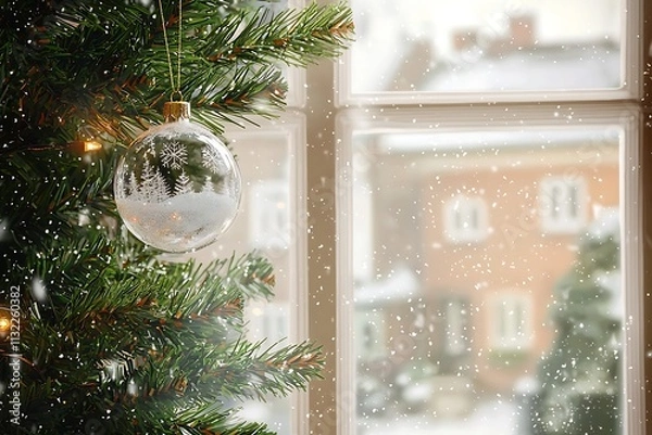 Fototapeta christmas balls ornament hanging in tree with window of snowy background