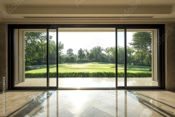 Obraz Modern room, large window, golf course view