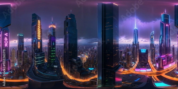 Obraz Full 360 degrees seamless spherical panorama HDRI equirectangular projection of A futuristic neon splashed metropolis. Texture environment map for lighting and reflection source rendering 3d scenes.