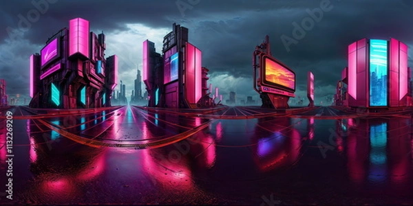 Obraz Full 360 degrees seamless spherical panorama HDRI equirectangular projection of Cyberpunk Night City Tron Future. Texture environment map for lighting and reflection source rendering 3d scenes. 