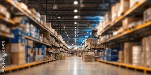 Fototapeta Blurred image of a large hardware store showcasing a defocused interior filled with various home improvement items. This hardware store features indoor and outdoor ceiling fans, lights, and