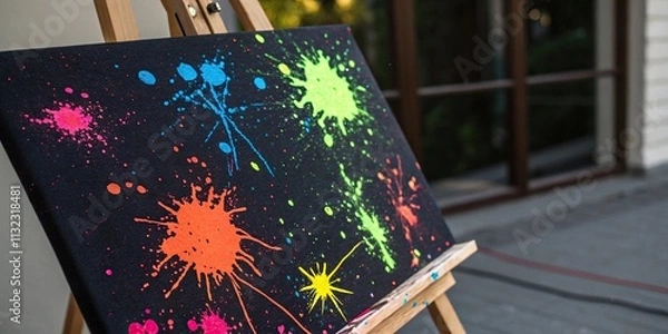 Fototapeta Glowing paint splatters on a dark canvas, neon colors, abstract art