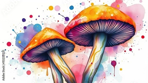 Fototapeta Psychedelic mushroom watercolor splatter art on white background, nature, intricate