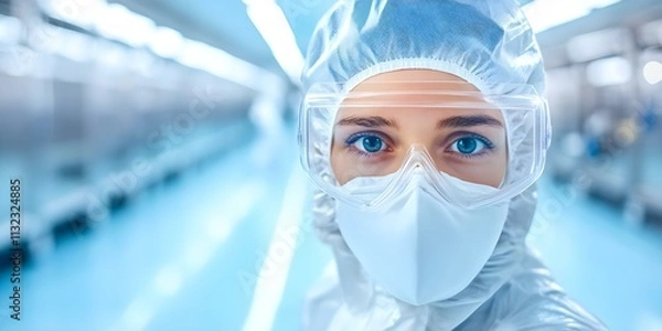 Fototapeta A person in a protective suit, mask, and goggles, likely in a cleanroom or laboratory environment. Concept Protective Gear, Laboratory Setting, Cleanroom Environment, Safety Protocols
