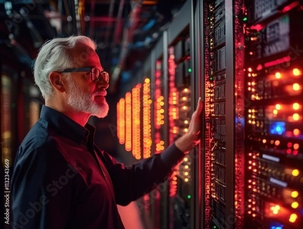 Fototapeta Senior IT Specialist Examining Server Racks in Data Center