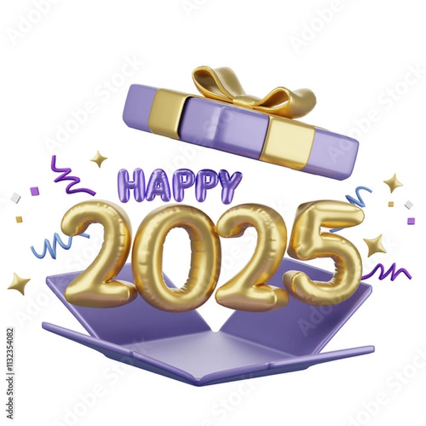Fototapeta Happy New year 2025, Golden balloon text and opened gift box with cerebrate decoration, festival Day, Isolated Images, 3d illustration,