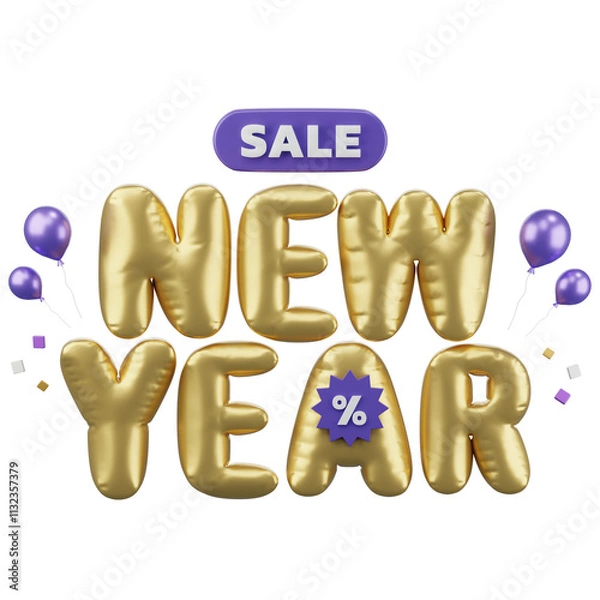 Fototapeta New year sale ,golden balloon text with new year cerebrate decoration, shopping concept, Isolated Images, 3d illustration,