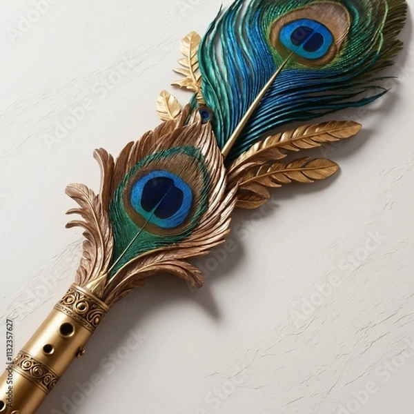 Fototapeta Flute and Peacock Feather: A Harmony of Elegance and Symbolism, Generatif AI