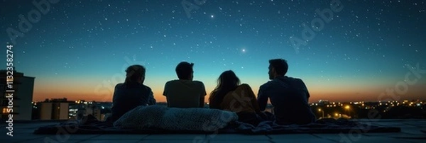 Fototapeta Friends enjoying a starlit evening on a rooftop overlooking a vibrant cityscape at twilight. Generative AI