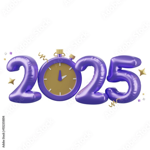 Fototapeta Happy New year 2025, Golden balloon text with cerebrate decoration and clock timer countdown, festival Day, Isolated Images, 3d illustration,