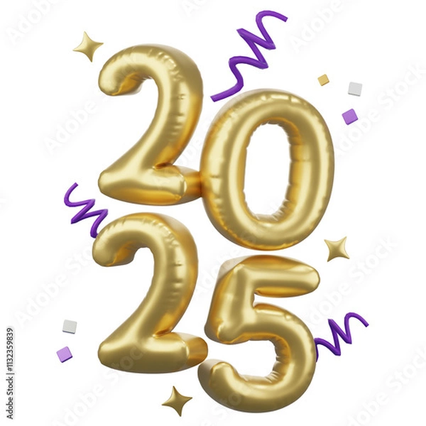 Fototapeta Happy New year 2025, Golden balloon text with cerebrate decoration, festival Day, Isolated Images, 3d illustration,