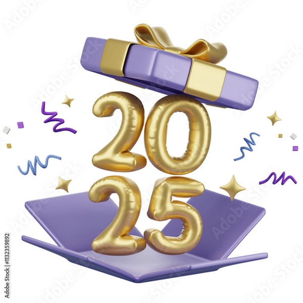 Fototapeta Happy New year 2025 ,golden balloon text and opened gift box with new year cerebrate decoration, festival Day, Isolated Images, 3d illustration