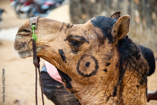Obraz Closeup portrait of a Camel, Pushkar, Rajasthan, India, 28 Jan 2024.