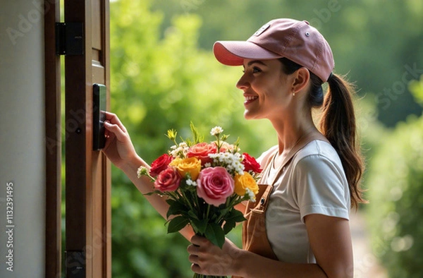 Fototapeta Delivery of a beautiful bouquet brings joy to a woman's doorstep on a bright afternoon