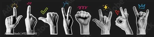 Fototapeta Retro y2k dotted halftone human hand collage, comic sticker with torn paper, grunge cutout element and dot arm with crown, doodle arrow sign and star icon in different gesture and pop art style. Thumb