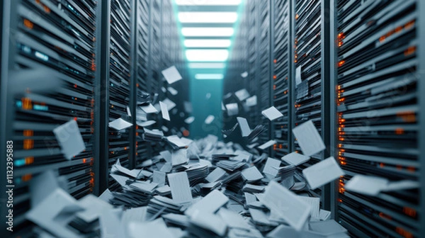 Fototapeta Digital data chaos in server room with falling documents and packets