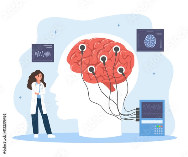 Fototapeta Neurologist concept. Woman in medical uniform examine human brain. Electroencephalography. Brain Connected to Display with EEG Indication. Vector illustration in flat cartoon style.