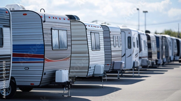 Fototapeta RVs lined up in a parking lot during midday under a bright sky, showcasing various colors and styles of trailers. Generative AI