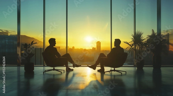 Obraz Casual meeting of black silhouettes in an upscale office, where evening sunlight pours through large windows, highlighting an atmosphere of success and achievement