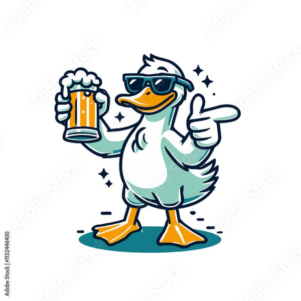 Obraz Cheerful duck wearing sunglasses and holding a beer mug, pointing confidently in a playful cartoon style. High-quality isolated vector illustration perfect for party branding and fun projects.