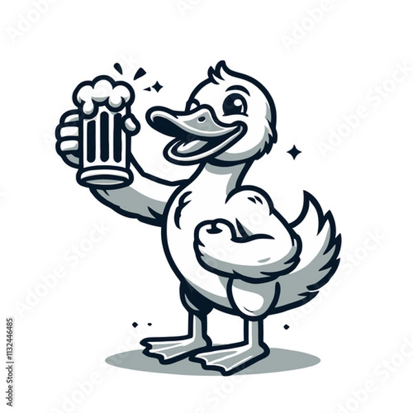 Fototapeta Muscular duck flexing while holding a beer mug in a playful and bold cartoon style. High-quality isolated vector illustration perfect for humorous designs, bar branding, and party themes.