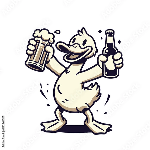 Obraz Cheerful duck holding a beer mug and bottle in a playful cartoon style. High-quality isolated vector illustration perfect for party themes, bar branding, and humorous designs.