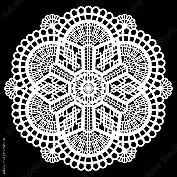 Fototapeta Lace round paper doily, lacy snowflake, greeting element package, doily - a template for cutting, lace pattern, decorative flower, vector illustrations