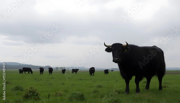 Fototapeta A lone black bull stands confidently in a green pasture, with other bulls in the distance. The cloudy sky adds a dramatic backdrop to the scene. 