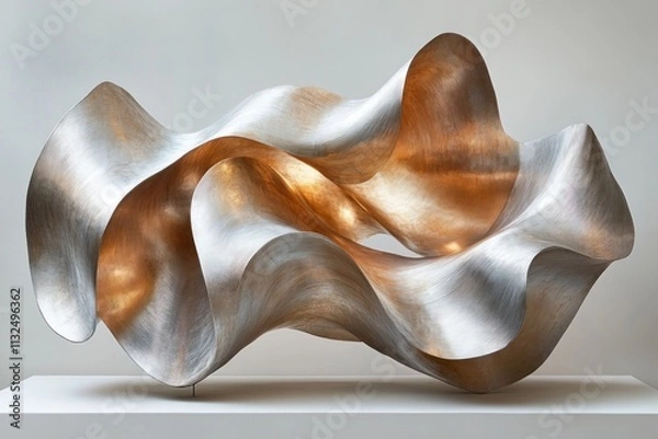 Fototapeta Abstract metallic sculpture with flowing, wave-like forms and brushed metal finish.