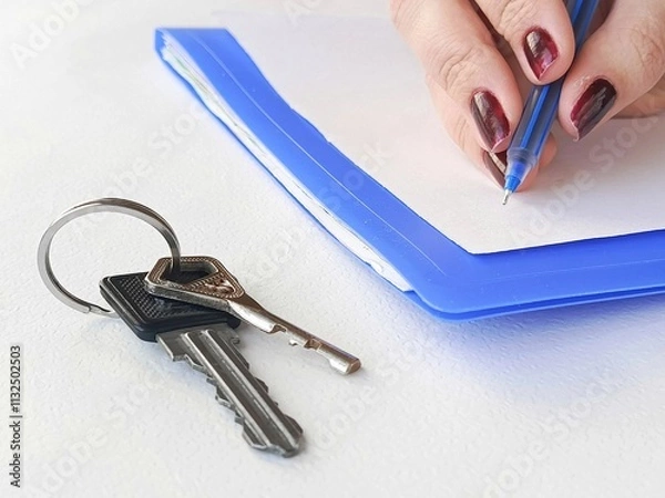 Fototapeta A woman writes with a pen on a piece of paper, keys are lying on the table next to her. Housing issuance to low-income families. Real estate rental. Purchase and sale of property.