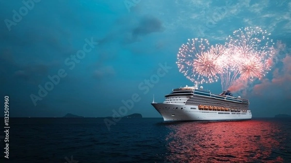Obraz New year concept. Cruise ship with fireworks on a tranquil evening sea.