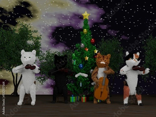 Obraz 星空の下のクリスマスツリーと猫たちの弦楽四重奏
