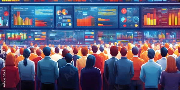 Fototapeta Audience Observing Data Visualizations on Giant Screens: Analyzing Market Trends and Financial Performance with Detailed Charts and Graphs Displayed for Comprehensive Insights.