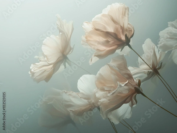 Obraz Soft wildflowers in beige and white bloom gracefully in a misty atmosphere, creating an ethereal and tranquil ambiance.