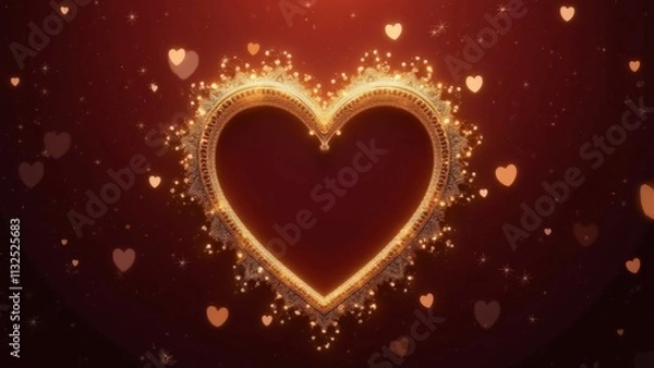 Fototapeta Luxurious ornate golden heart frame on a dark velvet surface, glowing softly with warm golden hues, delicately surrounded by floating stars and hearts, creating serene romance, generative, ai