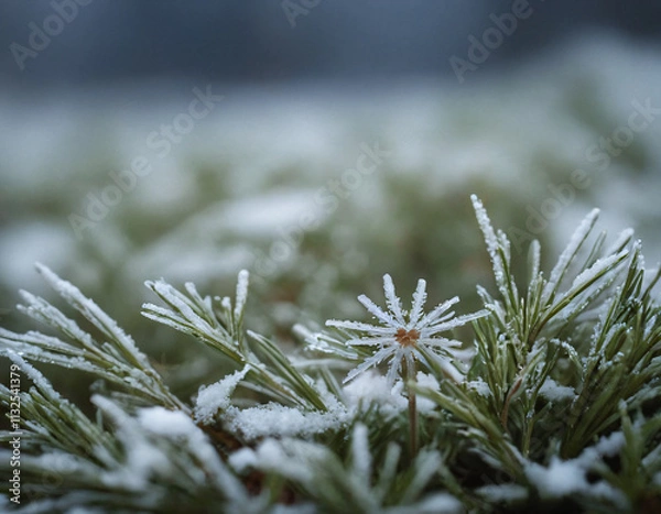 Fototapeta Close-Up - Macro of a Snowflake on Snowy Grass. Winter background.