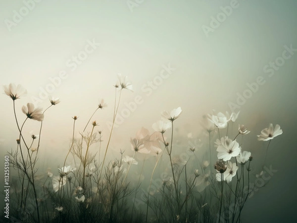 Obraz Delicate cosmos flowers in white and pink bloom gracefully in a misty morning, creating a serene and dreamlike atmosphere.