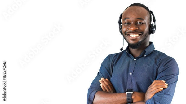 Fototapeta Call center young african man with arms crossed and smile , customer service on white background