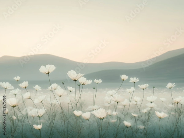 Obraz A misty meadow of cosmos flowers in soft morning light with rolling hills in the background, creating a tranquil scene.