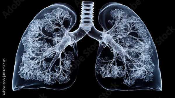 Fototapeta Surreal virtual hologram X-ray of a transparent human lung on a black background. Medical science and technology concept. Generative AI.