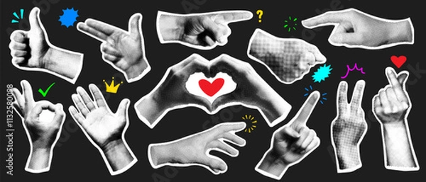 Fototapeta Set of retro halftone hand, magazine or newspaper cutout, human palm, y2k dotted comic arm sticker, hand gesture sign and collage element with torn paper texture and doodle grunge icon. Finger touch.