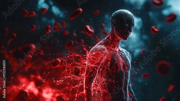 Fototapeta Surreal virtual human body with red blood cell. Medical science and technology concept. Generative AI.