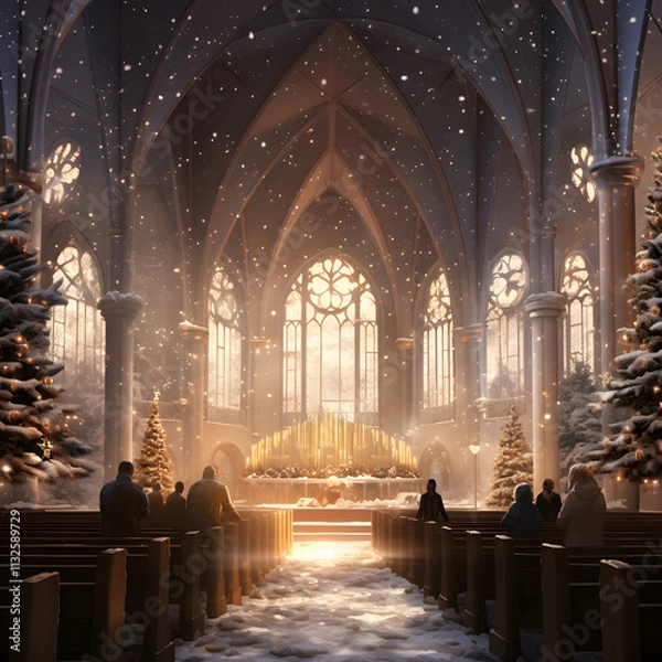 Fototapeta Serene Christmas Eve church service scene featuring festive decorations and spiritual worship in a warm atmosphere