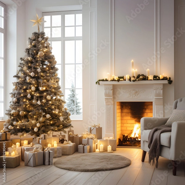 Fototapeta Cozy living room adorned with elegant Christmas decorations, featuring a glowing tree and festive holiday ambiance