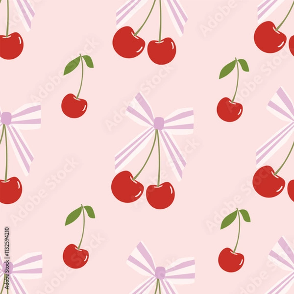 Obraz Red cherry with light purple and white transparent on light pink background. Seamless pattern Vector.